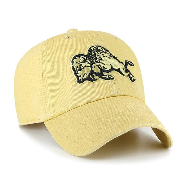 Gold adjustable hat with embroidered vintage CU Buffaloes buffalo logo and curved brim, front angled view